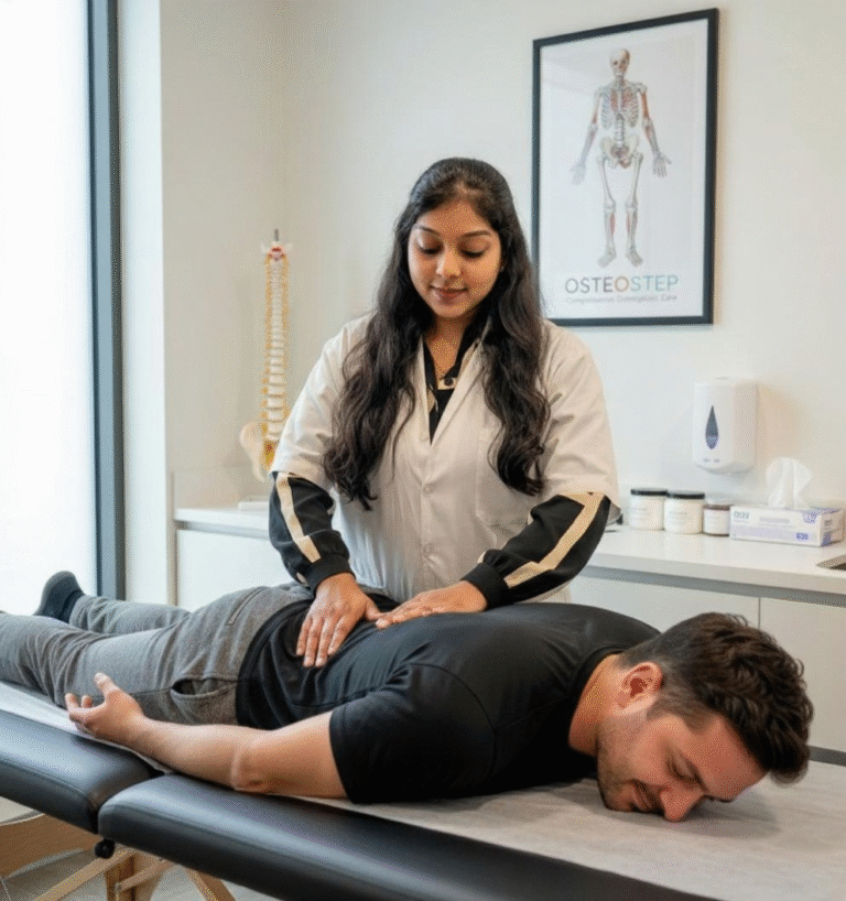 physiotherapist treating patient at home osteopath performing manual therapy physiotherapy session for back pain home physiotherapy treatment Mumbai Pune professional physiotherapist helping patient recover doctor giving physiotherapy exercises osteopathy treatment for neck and shoulder pain physiotherapy care with gentle hands personalized physiotherapy session at home physiotherapist assisting elderly patient manual therapy for muscle pain relief osteostep physiotherapy and osteopathy home service physiotherapist improving patient mobility home visit physiotherapist providing treatment physiotherapy for joint and spine care