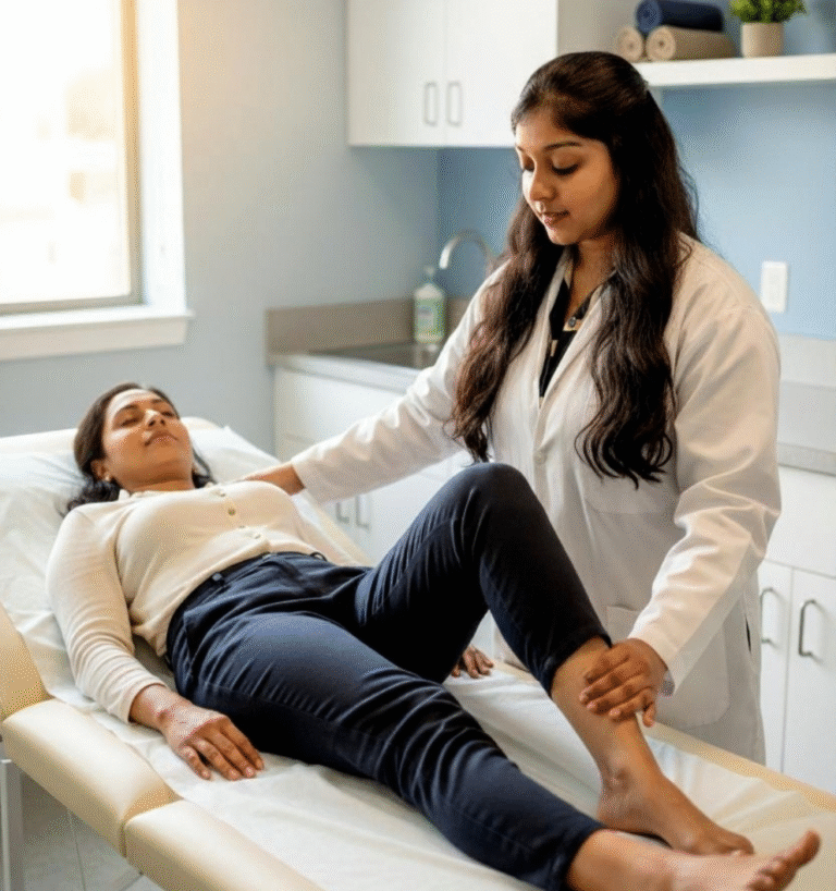 physiotherapist performing knee mobilization therapy on a patient lying on a treatment table in a modern physiotherapy clinic. Rehabilitation, joint pain relief, and manual therapy session in progress.