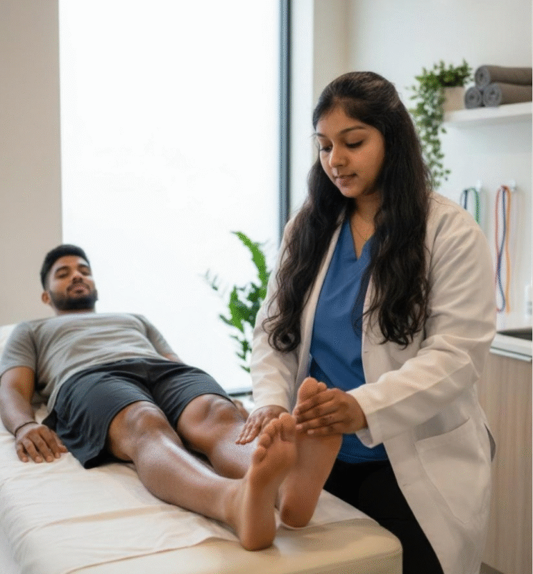 physiotherapist performing manual foot and ankle mobilization therapy on an athlete to relieve muscle tightness and improve mobility.