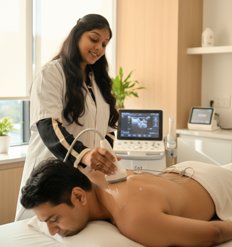 Physiotherapist using a therapeutic ultrasound machine to treat shoulder and upper back muscle pain.